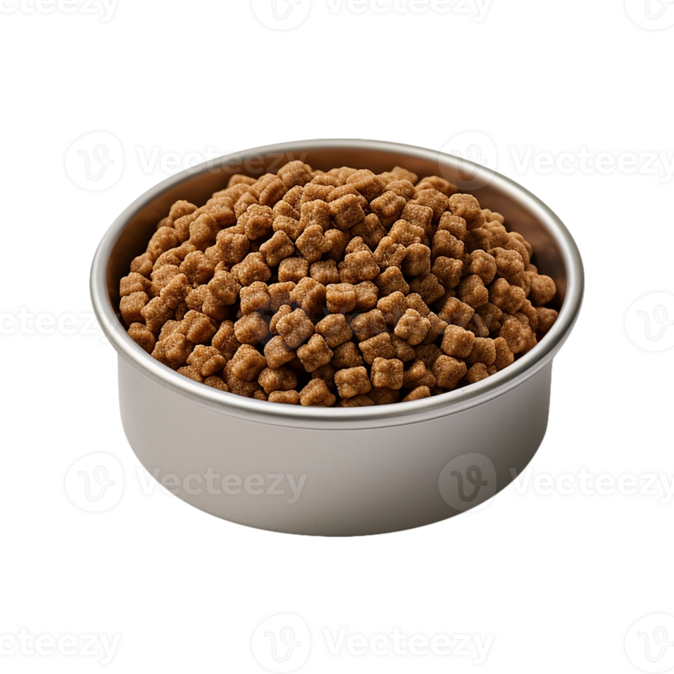 Brown small piece pet food in a metal bowl on a transparent background png