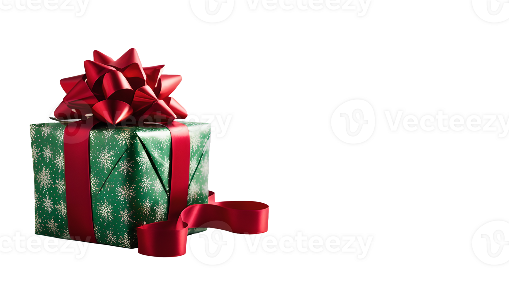 Green Christmas gift box with red ribbon and snowflake patterns, Isolated, perfect for festive designs. For easy use in holiday promotions png