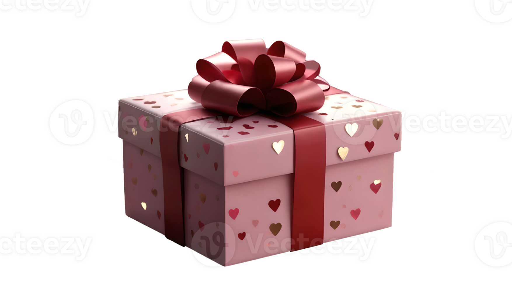 Isolated pink gift box with heart patterns and red ribbon, for Valentine's Day designs. Easily transportable for e-commerce and graphic projects png