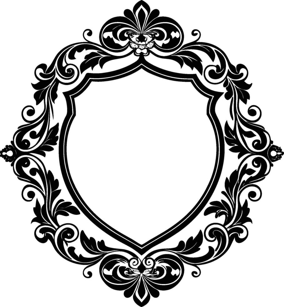 A black and white ornate frame with a shield vector