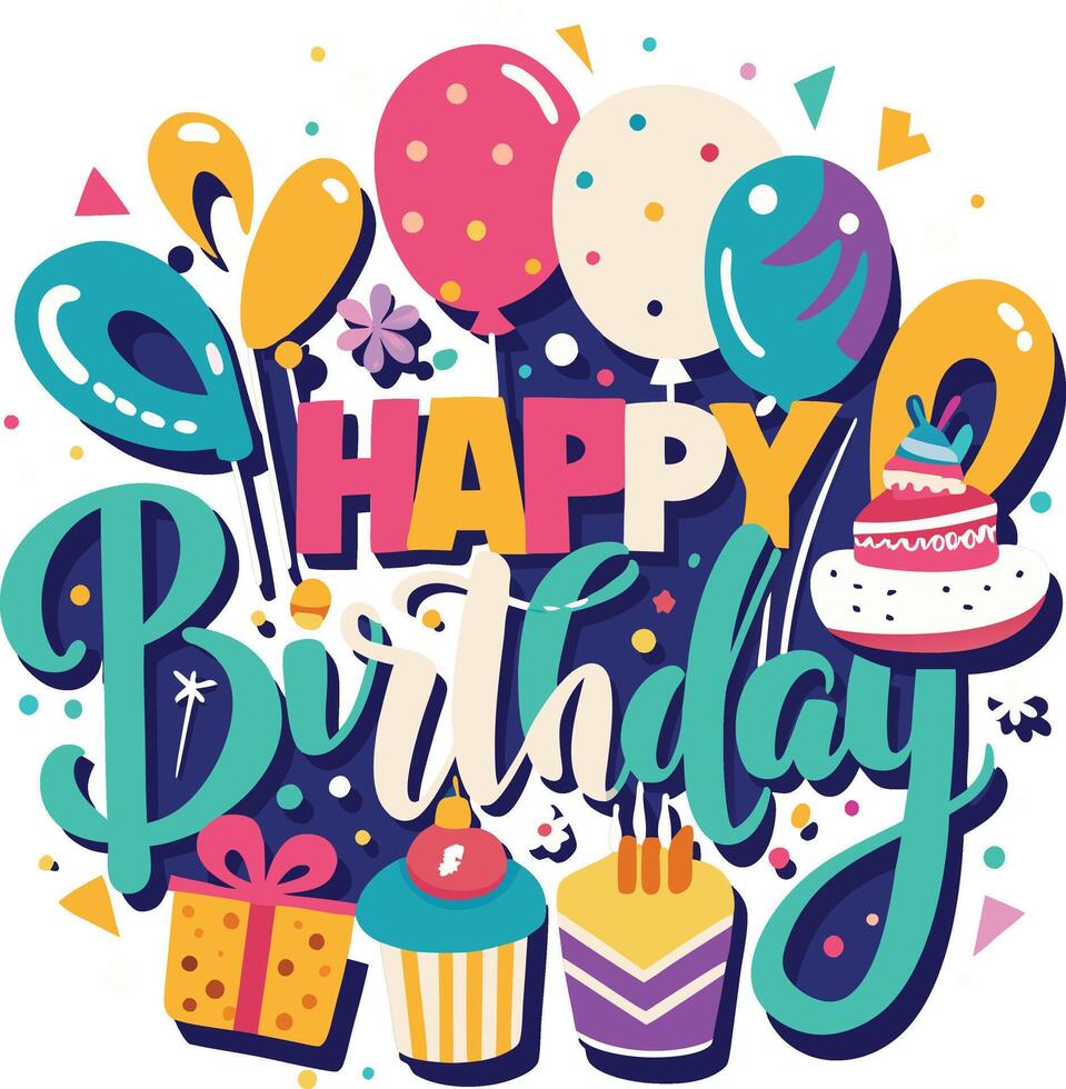 Happy birthday card with colorful balloons and cake vector