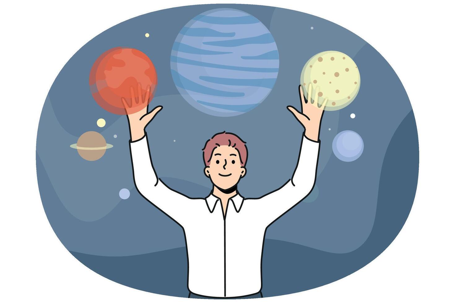 Man stands near planets space and enjoys VR technology that allows to travel around galaxy vector