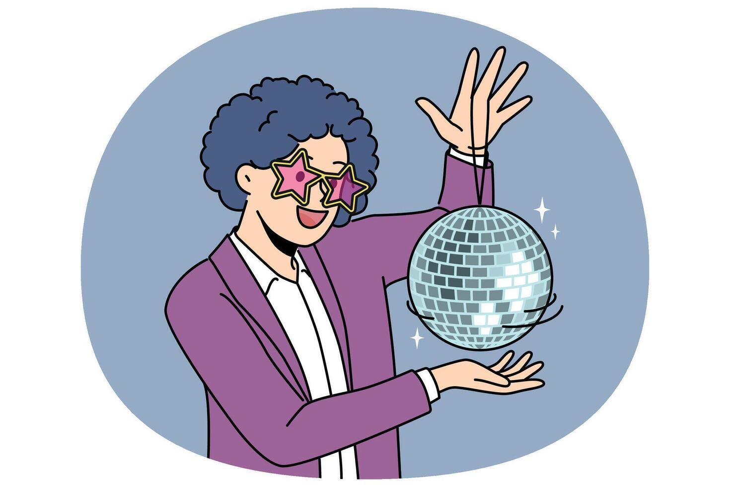 Funny man with disco ball with curly wig on head came to nightclub or dance floor to have fun vector