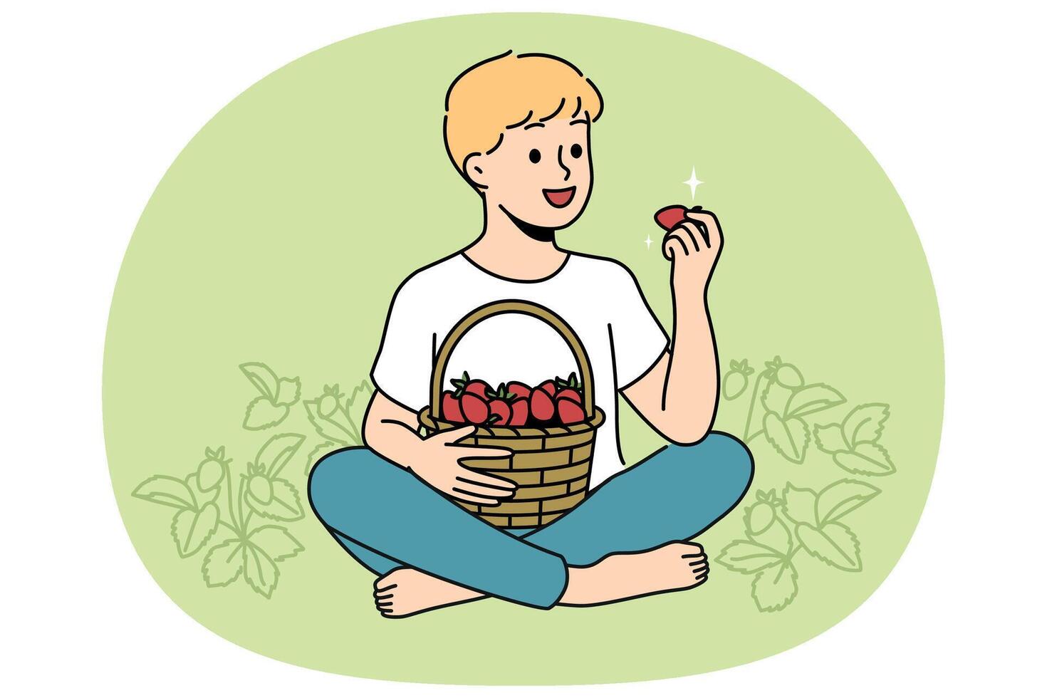 Little boy eats strawberries sitting in clearing with yagid bushes on fruit farm or plantation vector