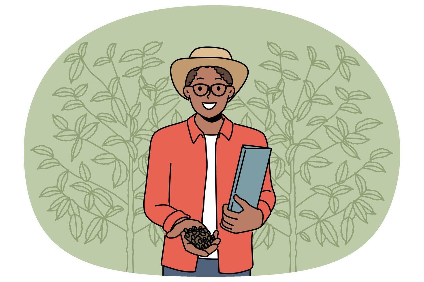 Smiling African American man with coffee beans on plantation vector