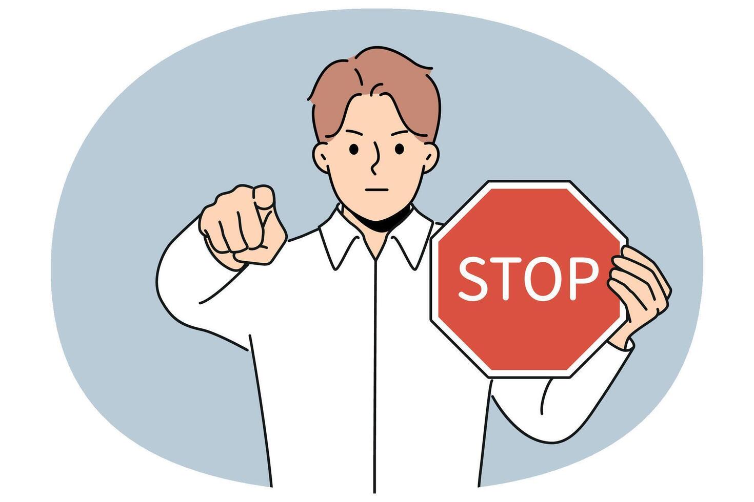 Man with stop sign in hands says access is denied and points finger at screen warning about stopping vector