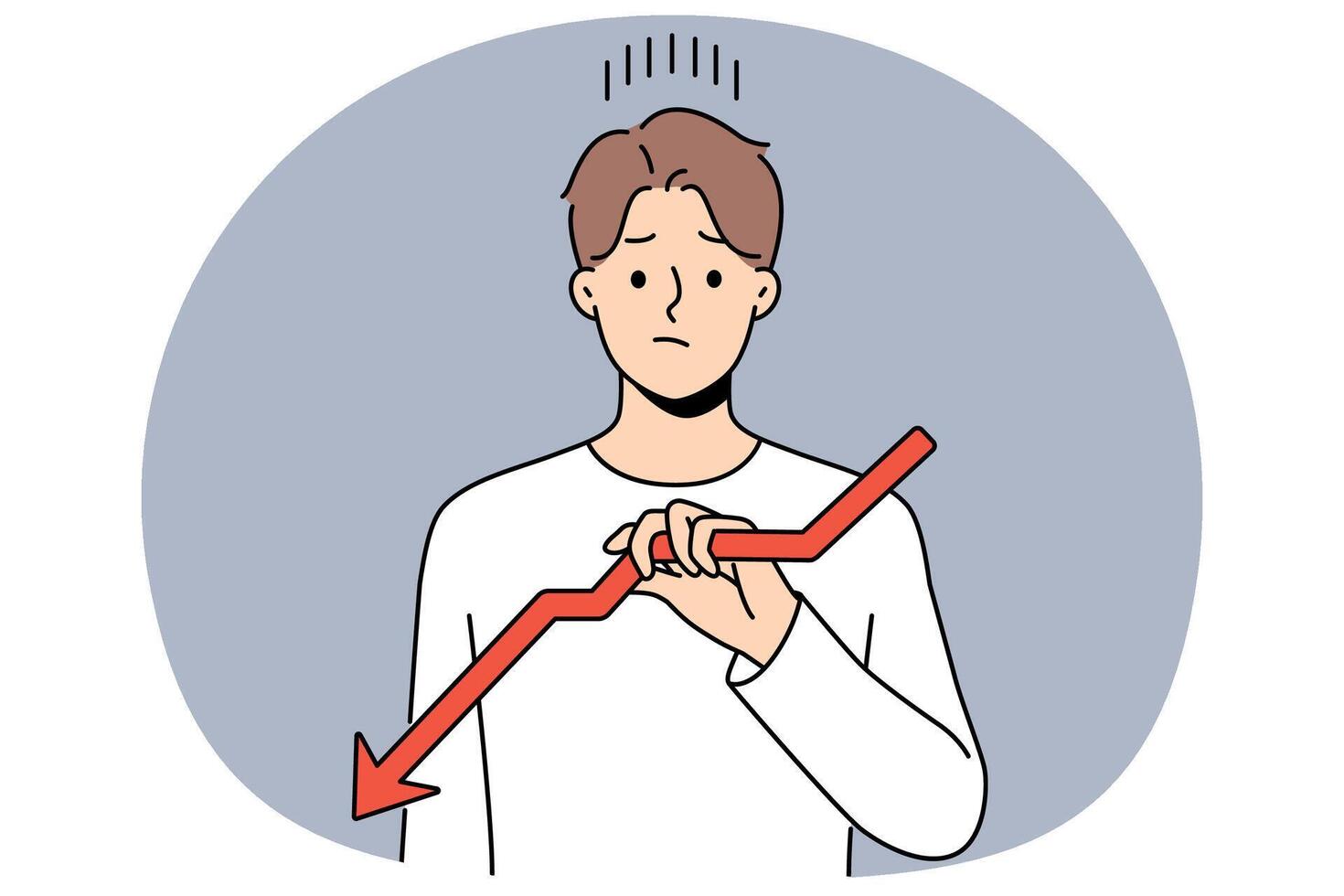 Sad man holds declining chart symbolizing beginning crisis and financial recession affecting income vector