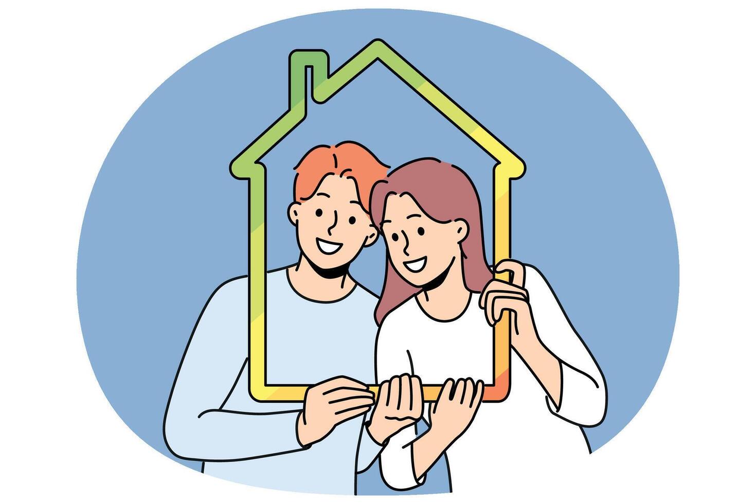 Man and woman with house outline symbolizing family property and energy efficient housing vector