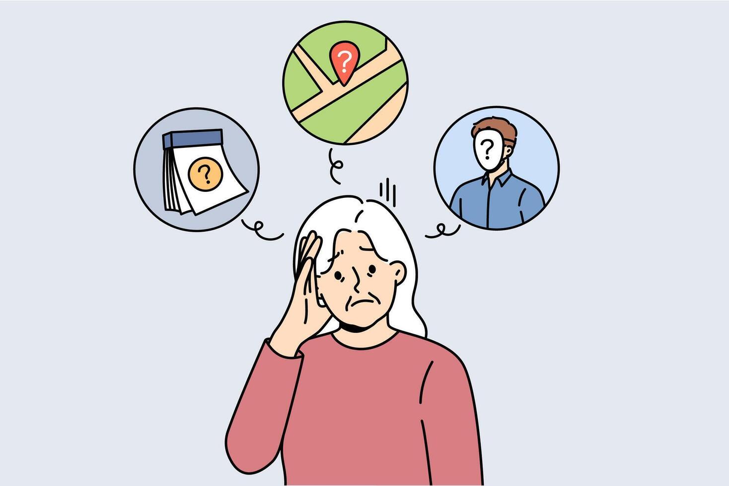 Alzheimer disease and dementia in old woman who forgets dates and faces or gets confused in space vector