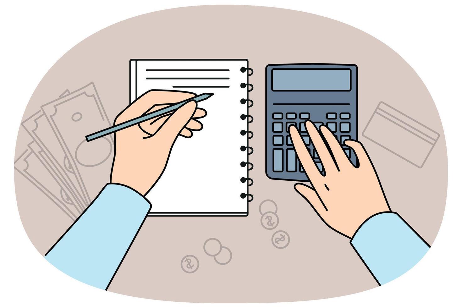 Hands of accountant using calculator for auditing and making entries in financial journal vector