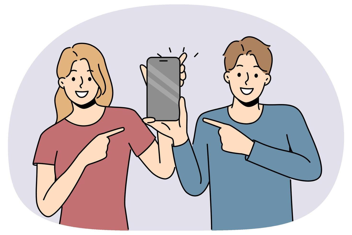 Smiling people point at cellphone screen vector