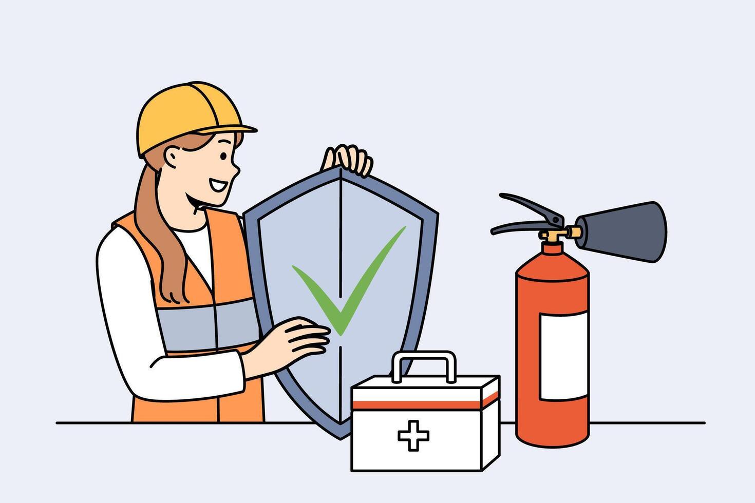 Woman safety specialist, stands near table with first aid kit and fire extinguisher and holds shield vector