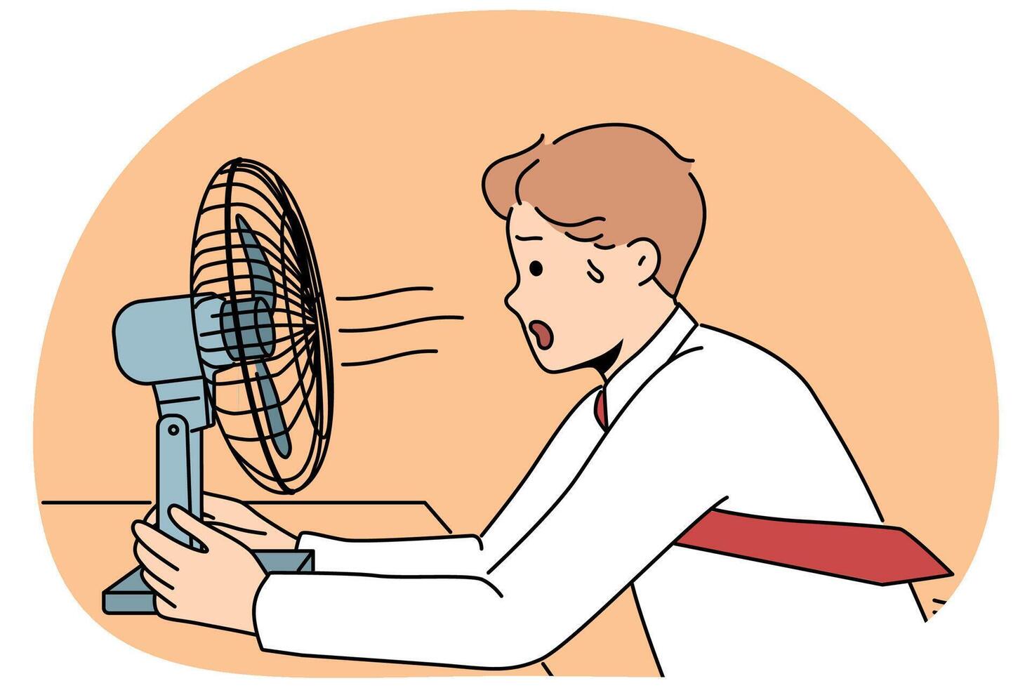 Sweaty man sits in front of fan enjoying cold wind from electric climate control equipment vector