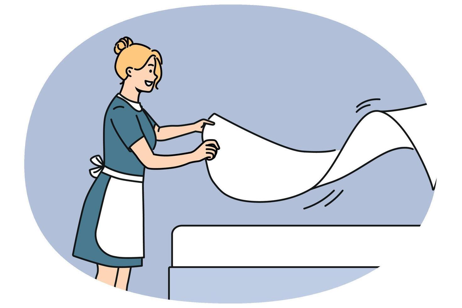 Woman maid makes bed with sheets, preparing hotel room for arrival of new guests vector
