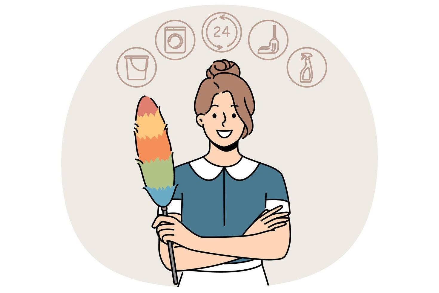 Woman housekeeper or maid with dust brush smiles, recommending contacting cleaning company vector