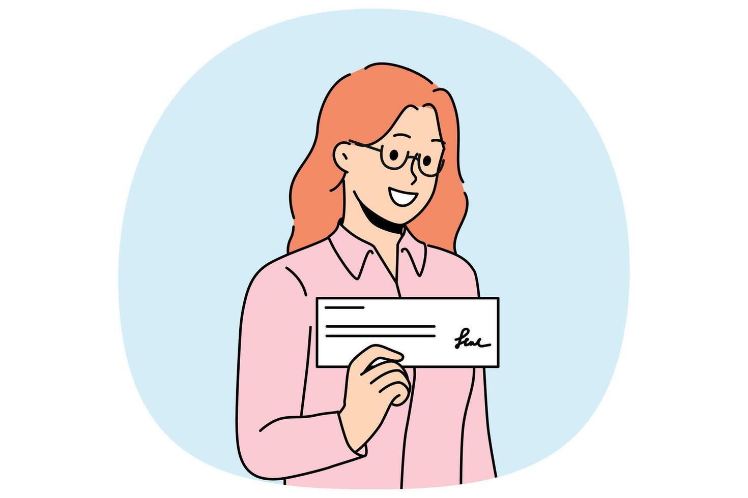 Woman with paycheck in hand smiles demonstrating financial document confirming receipt of salary vector