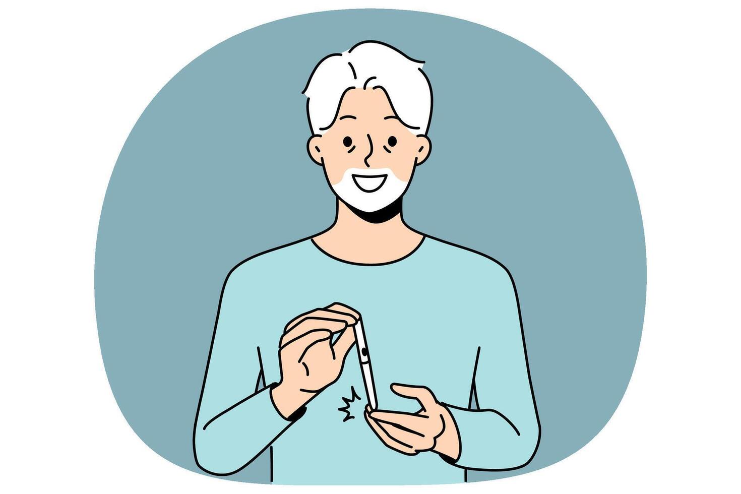 Elderly man uses glucometer to measure level insulin in blood, rejoicing at easing of diabetes. vector