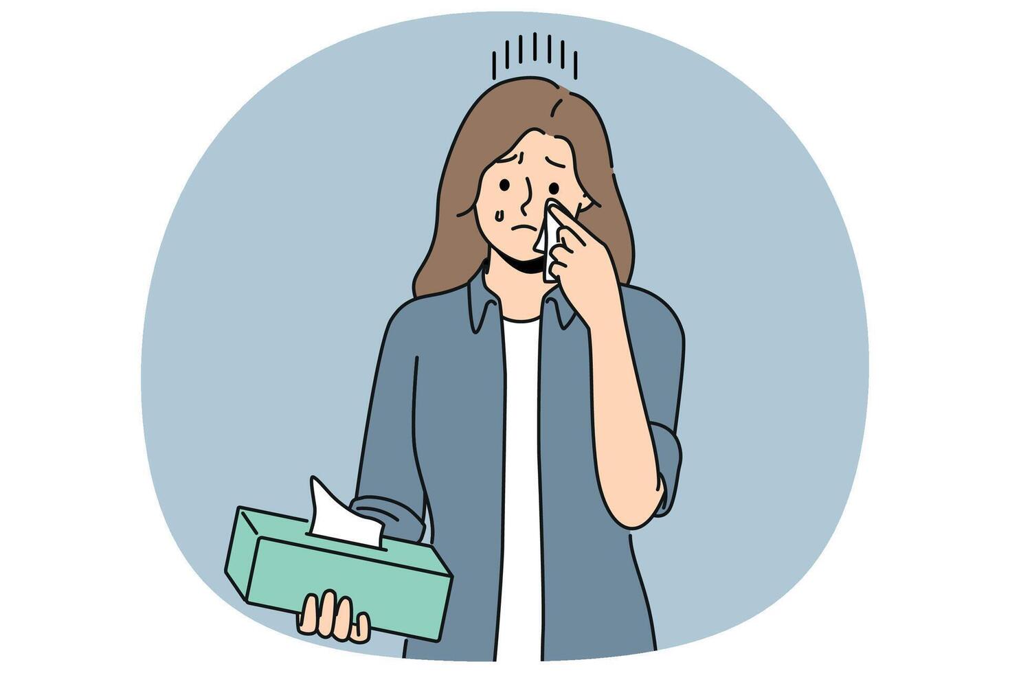 Crying woman wipes tears with paper napkins, experiencing stress and psychological suffering vector