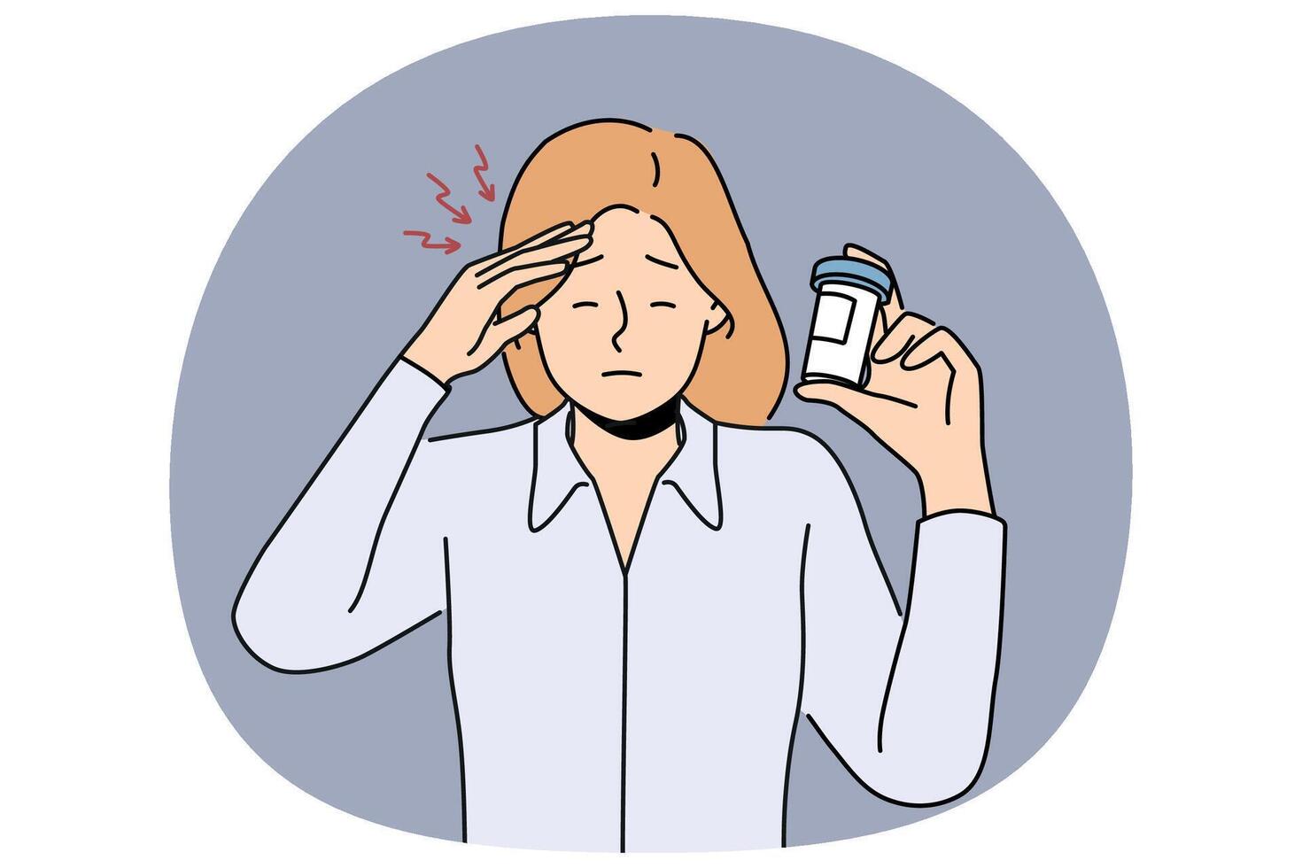 Woman suffers from headache and demonstrates package of medicines to cope with migraine vector