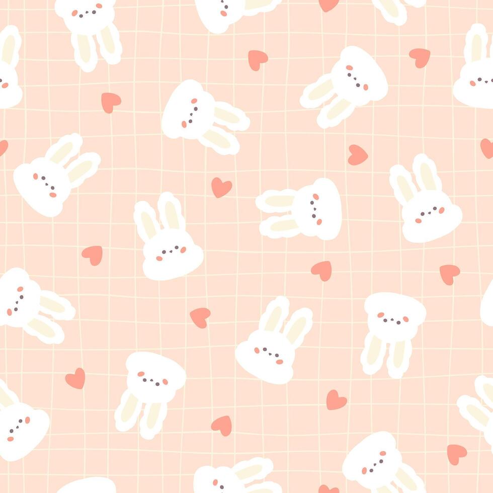 Cute bunny face kawaii seamless pattern. Hand drawn character with hearts in chaotic abstract on lattice background. The pastel palette is ideal for printing baby clothes, scrapbooking, wallpaper. vector