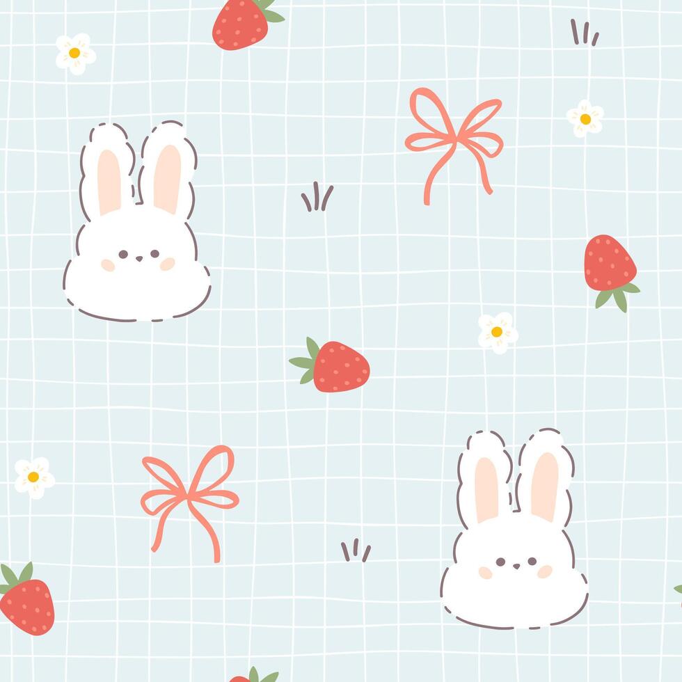 Kawaii hare rabbit seamless pattern with strawberries and ribbon bow knots. Childish hand-drawn illustration in a pastel palette on a grid background for baby clothes, textiles, wallpaper. vector