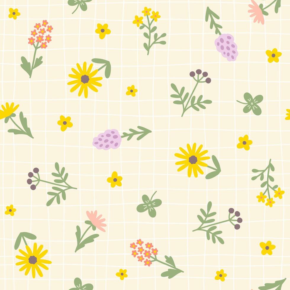 Floral pattern seamless meadow flowers in simple hand drawn cartoon scandinavian style pastel pallet on lattice background. Childish cute simple minimalistic. Ideal for nursery, textiles, wallpaper. vector