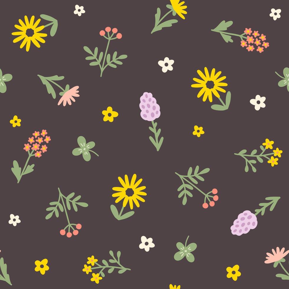 Floral pattern seamless meadow flowers in simple hand drawn cartoon Scandinavian style pastel palette. Childish cute simple minimalistic dark background. For nursery, fabric, baby clothes, wallpaper. vector