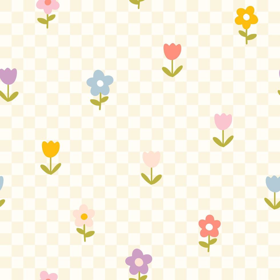 Floral pattern seamless meadow flowers on a checkered background in simple hand drawn cartoon Scandinavian style pastel palette. Childish cute simple minimalistic. Ideal for nursery, fabric. vector