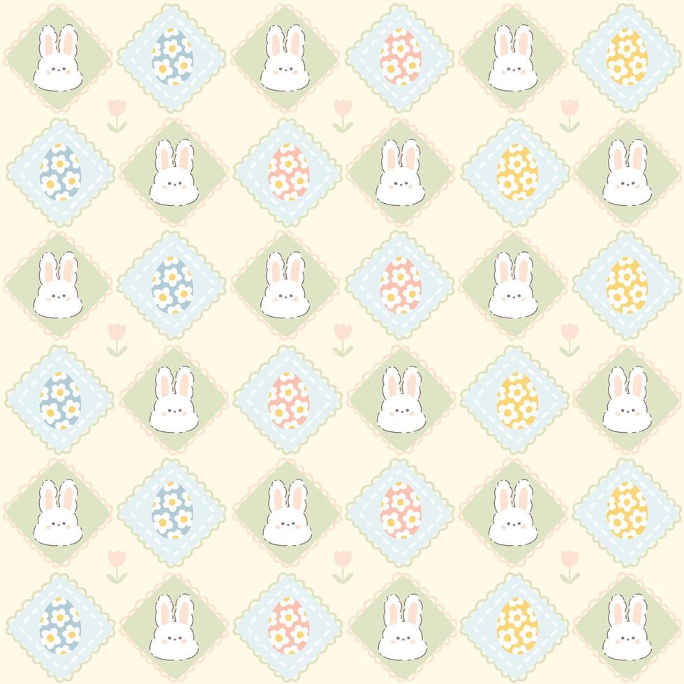 Kawaii Easter seamless pattern with bunny rabbit and eggs in rhombuses cute pillows with hearts. Hand drawn cartoon illustration in pastel soft palette. For printing packaging, textiles. vector