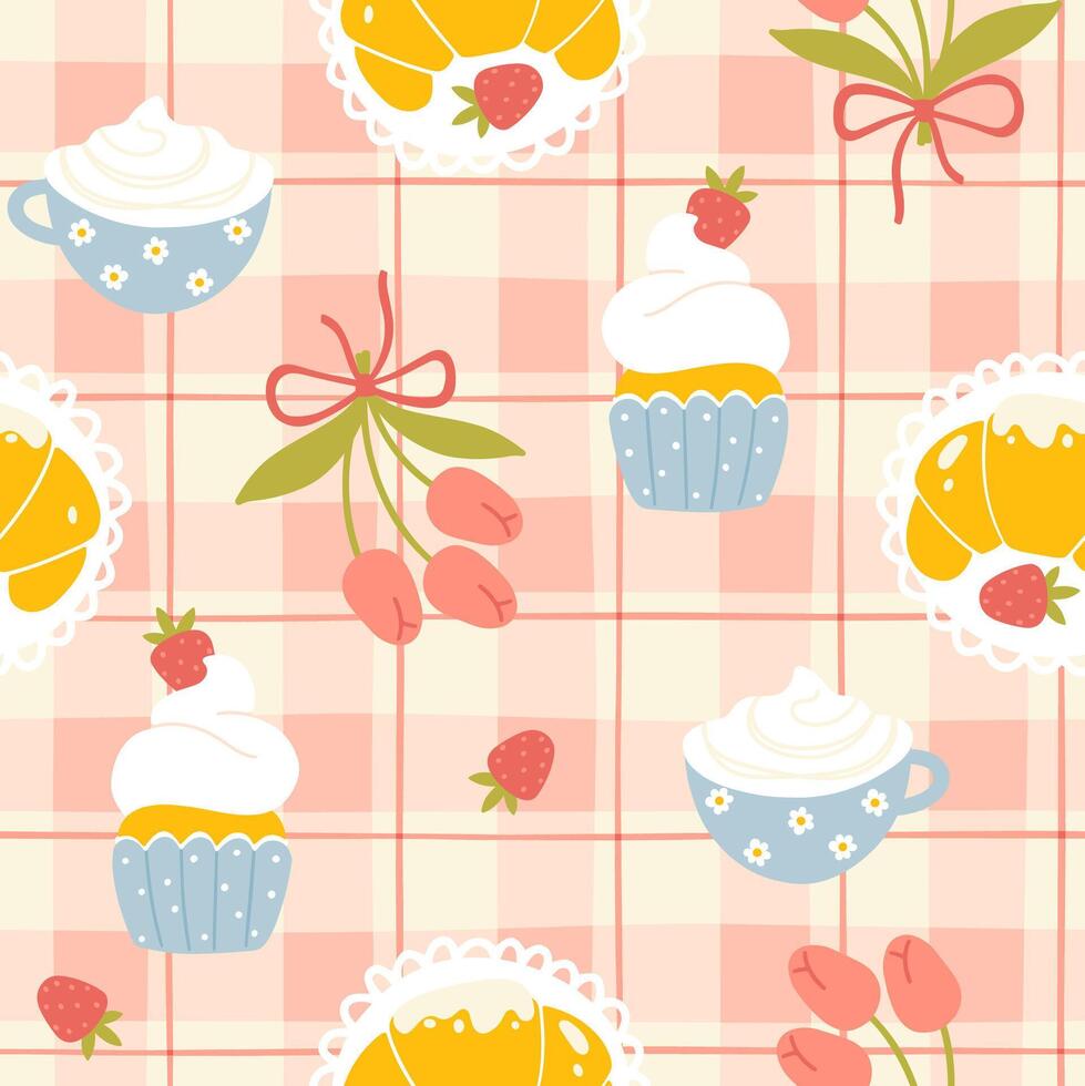 Cute breakfast cartoon Gingham seamless pattern with a bouquet of tulips, coffee, a cupcake and a croissant, strawberries on a checkered tablecloth. Hand-drawn trendy illustration in summer palette. vector