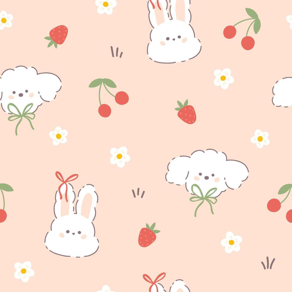 Kawaii hare rabbit and puppy poodle seamless pattern with summer fruits, flowers and ribbon bow knots. Childish hand-drawn illustration in pastel palette for baby clothes, textiles, wallpaper. vector
