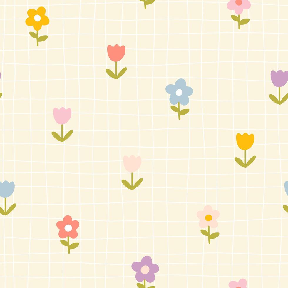 Floral pattern seamless meadow flowers in simple hand drawn cartoon scandinavian style pastel palette on lattice background. Childish cute simple minimalistic. Ideal for nursery, textiles, wallpaper. vector
