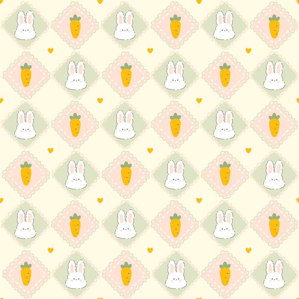 Kawaii Easter seamless pattern with hare rabbit and carrot in rhombuses cute pillows with hearts. Hand drawn cartoon illustration, pastel soft palette. For printing packaging, baby clothes, textiles. vector