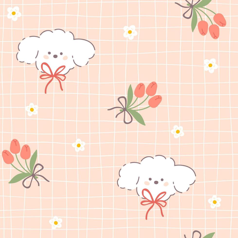 Kawaii poodle puppy with bow knots seamless pattern with bouquet of tulip flowers. Childish hand-drawn illustration in a pastel palette on a beige grid background for baby print, textile. vector