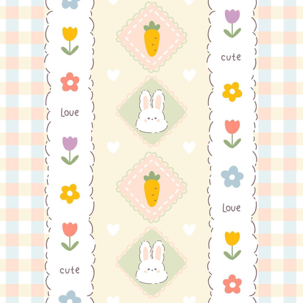 Gingham seamless pattern with cute rabbit, carrot and meadow chamomile flowers. Tartan check for tablecloths, clothes, packaging, for Easter holiday. Childish background in a pastel palette. vector