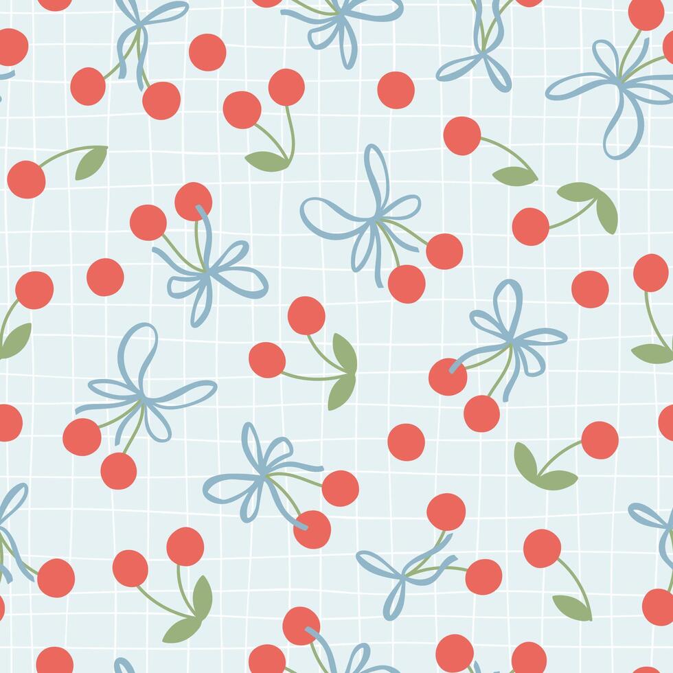 Cherry seamless pattern with berry and ribbon bows in simple hand drawn cartoon kawaii style. Pastel palette, soft blue grid background. Ideal for printing baby textiles, clothes, packaging. vector