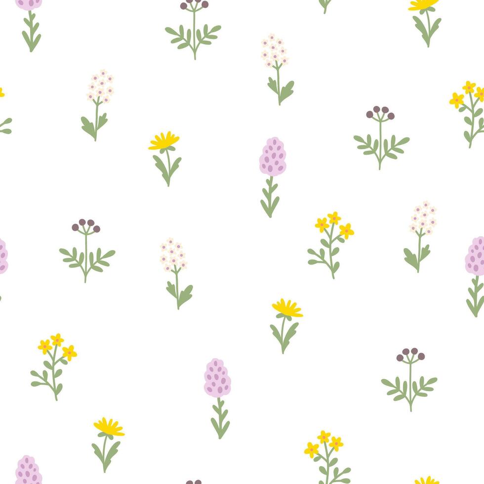 Floral pattern seamless meadow flowers in simple hand drawn cartoon Scandinavian style pastel palette. Childish cute simple minimalistic background. Ideal for nursery, fabric, baby clothes, wallpaper. vector