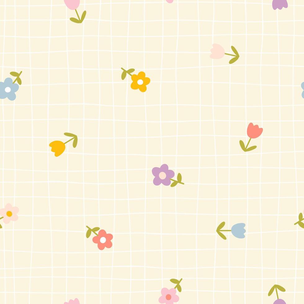 Floral pattern seamless meadow flowers in simple hand drawn cartoon scandinavian style pastel palette on lattice background. Childish cute simple minimalistic. Ideal for nursery, textiles, wallpaper. vector