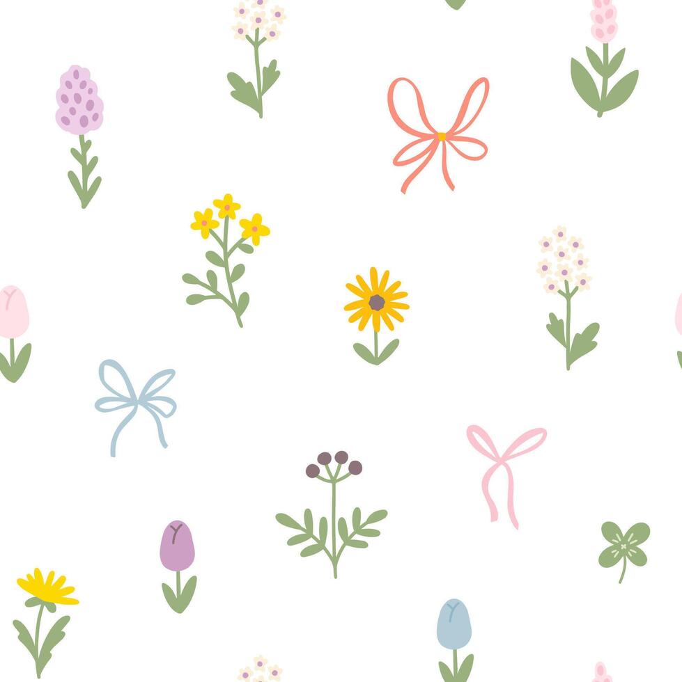 Floral pattern seamless meadow flowers and bows in simple hand drawn cartoon scandinavian style in pastel palette background. Childish cute simple minimalistic. Ideal for nursery, clothes. vector