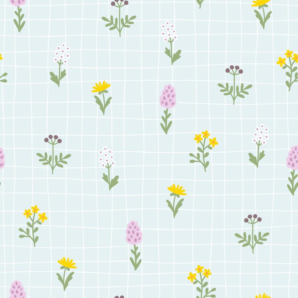 Floral pattern seamless meadow flowers in simple hand drawn cartoon scandinavian style pastel palette on lattice background. Childish cute simple minimalistic. Ideal for nursery, textiles, wallpaper. vector