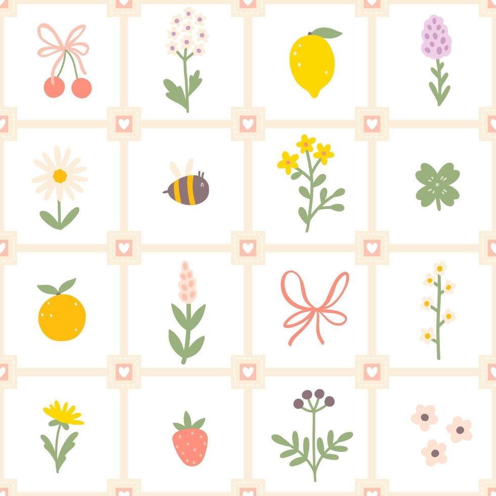 Floral pattern seamless meadow flowers, bee, fruits and bows in simple hand drawn cartoon scandinavian style in pastel palette on lattice background. Childish simple minimalistic. Ideal for nursery. vector