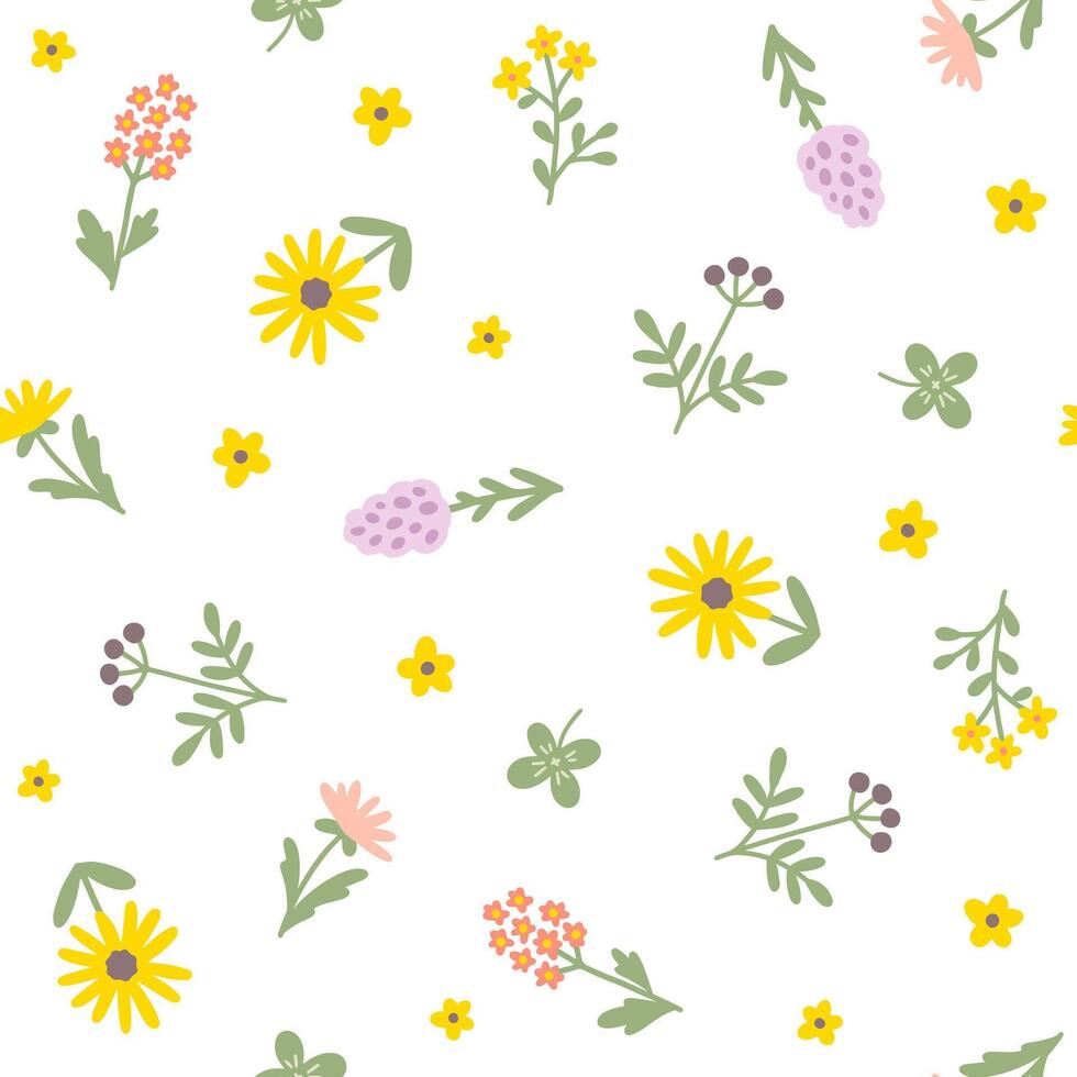 Floral pattern seamless meadow flowers in simple hand drawn cartoon Scandinavian style pastel palette. Childish cute simple minimalistic background. Ideal for nursery, fabric, baby clothes, wallpaper. vector