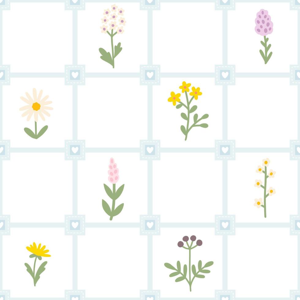 Floral pattern seamless meadow flowers in simple hand drawn cartoon scandinavian style pastel palette on lattice background. Childish cute simple minimalistic. Ideal for nursery, textiles, wallpaper. vector