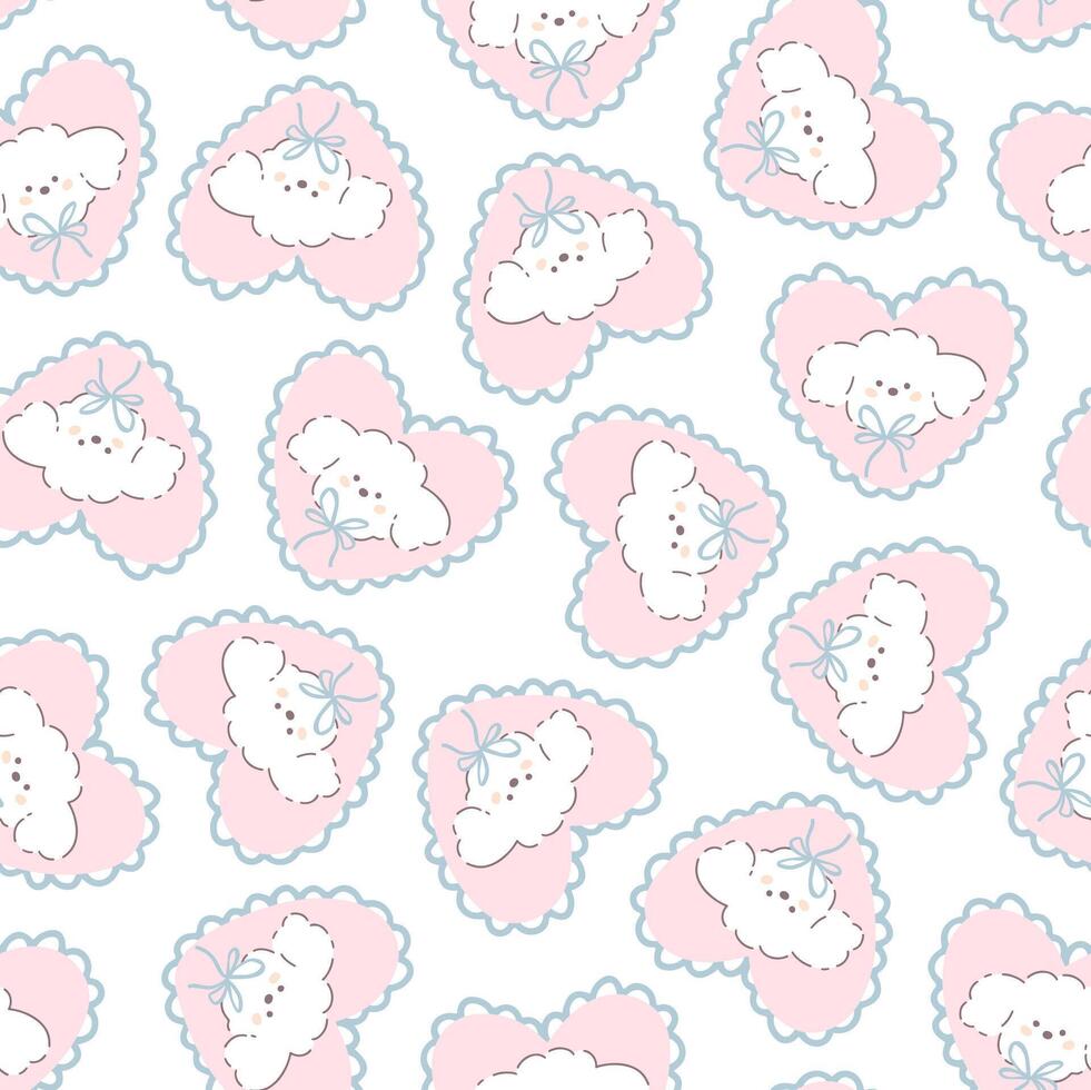 Cute puppy seamless pattern. hand drawn cartoon kawaii character of a white poodle on a heart shaped pillow. Baby surface background perfect for printing textile, fabric, clothing. vector