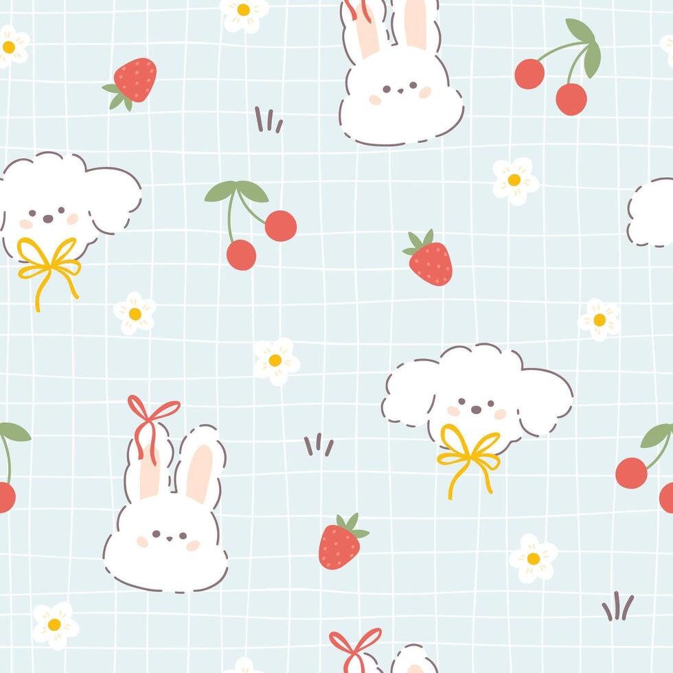Kawaii hare rabbit and puppy poodle seamless pattern with summer fruits, flowers and ribbon bow knots. Childish hand-drawn illustration in pastel palette on a grid background for a baby print. vector