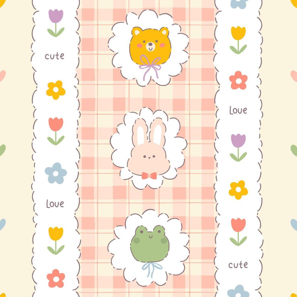 Gingham seamless pattern with with cute animals and meadow chamomile flowers. Tartan check for tablecloths, clothes, packaging, for Easter holiday. Childish background in a pastel palette. vector