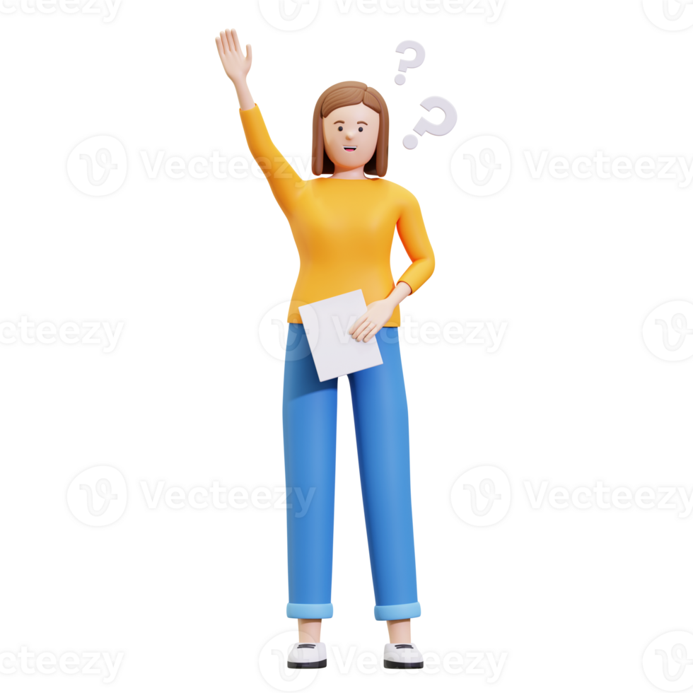 3d Girl Raising Hand Up For Asking Question Illustration png