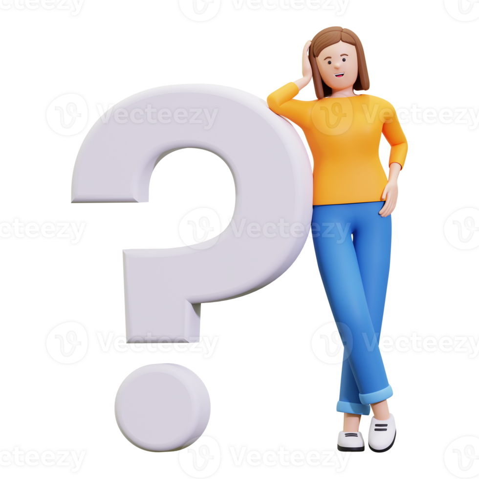 3d Confused Girl Standing With Question Mark Illustration png