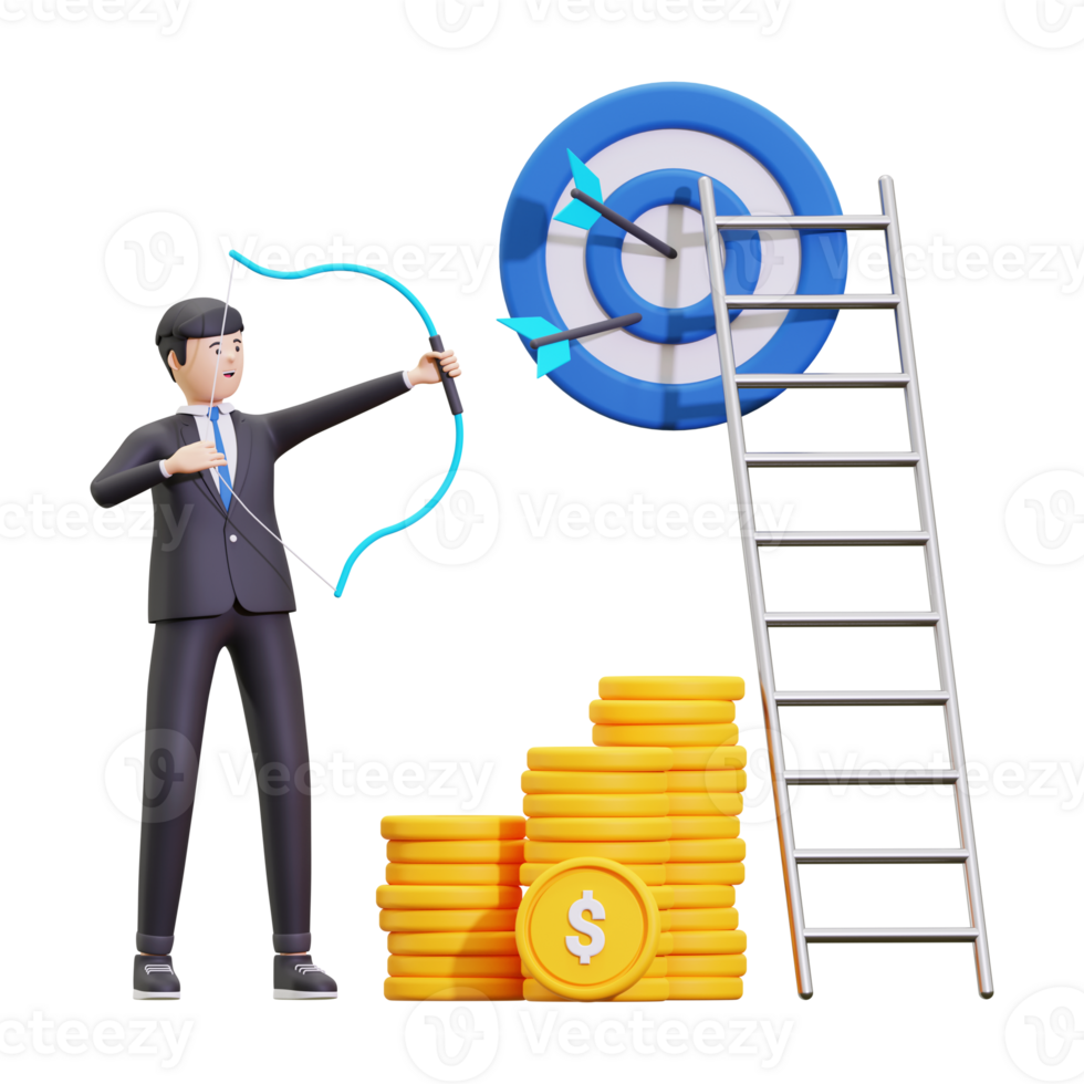 3d Businessman Aiming With Bow And Arrow Illustration png