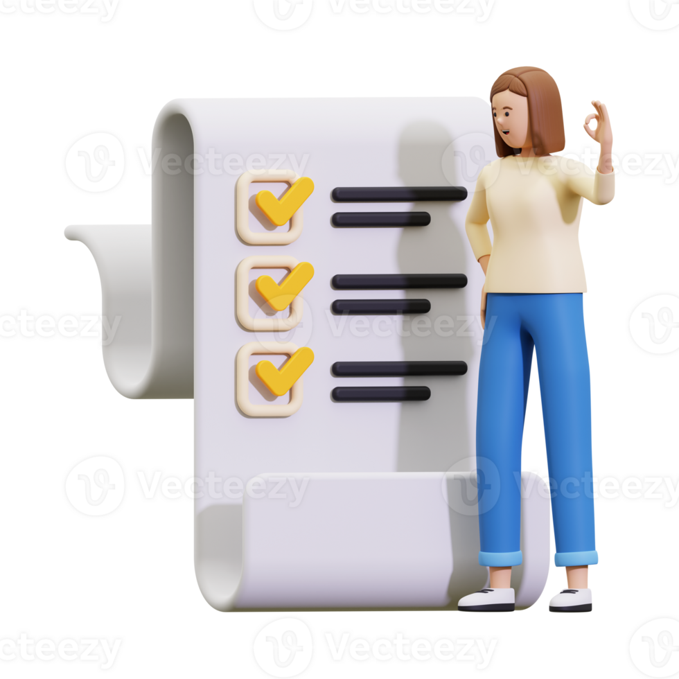 3d Woman Showing Checklist Clipboard illustration png